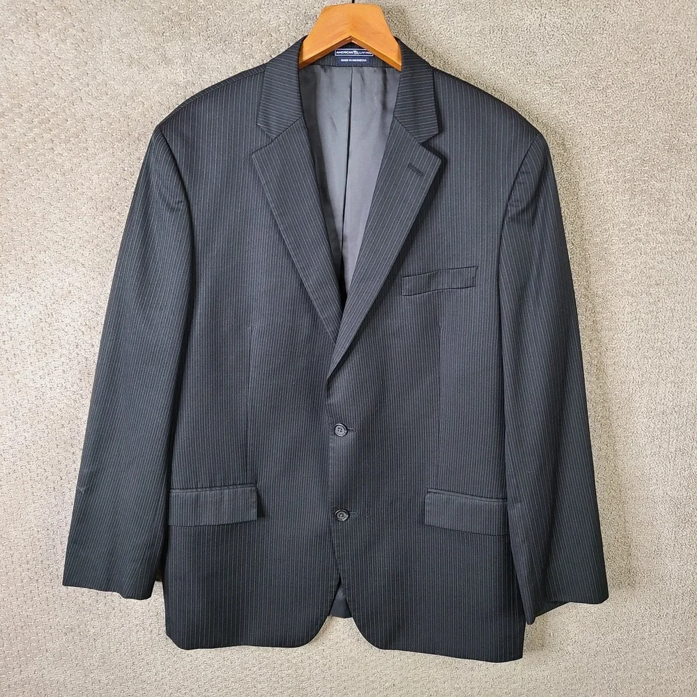 American Living Jacket Mens 44L Black Striped Blazer‎ Wool Blend 2 Btn Suit Coat